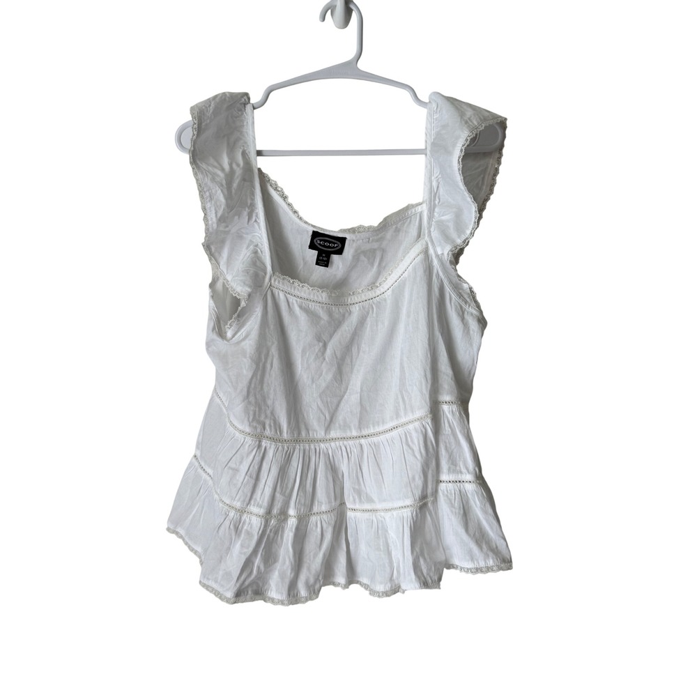 Scoop White Cotton Peplum Tank Top Ruffle Sleeve Lace Trim Square Neck Medium